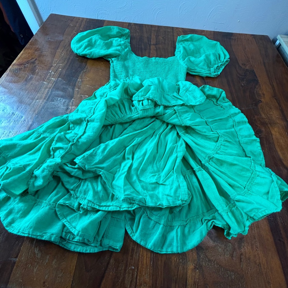 Altar'd State Green Smocked Puff Sleeve Tiered Cotton Mini Dress XS HF235047 - Picture 5 of 5